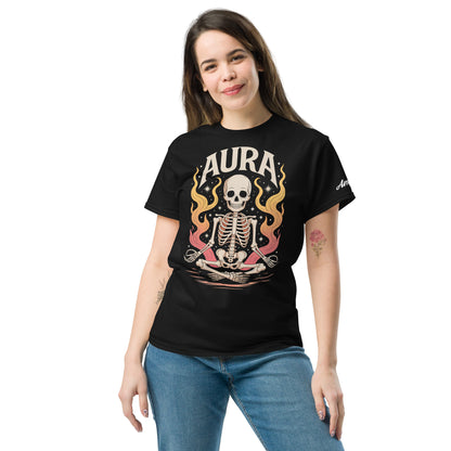 Woman wearing black AURA T-Shirt by Amp'd Up Custom featuring skeleton with flames design