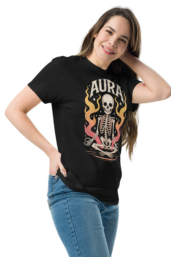 Woman wearing black AURA T-Shirt by Amp'd Up Custom with skeleton and flame graphic design
