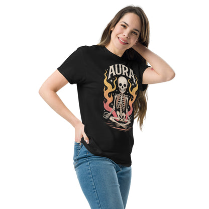 Woman wearing black AURA T-Shirt by Amp'd Up Custom with skeleton and flame graphic design