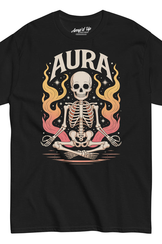 Amp'd Up Custom black AURA T-Shirt with meditating skeleton and colorful flames design