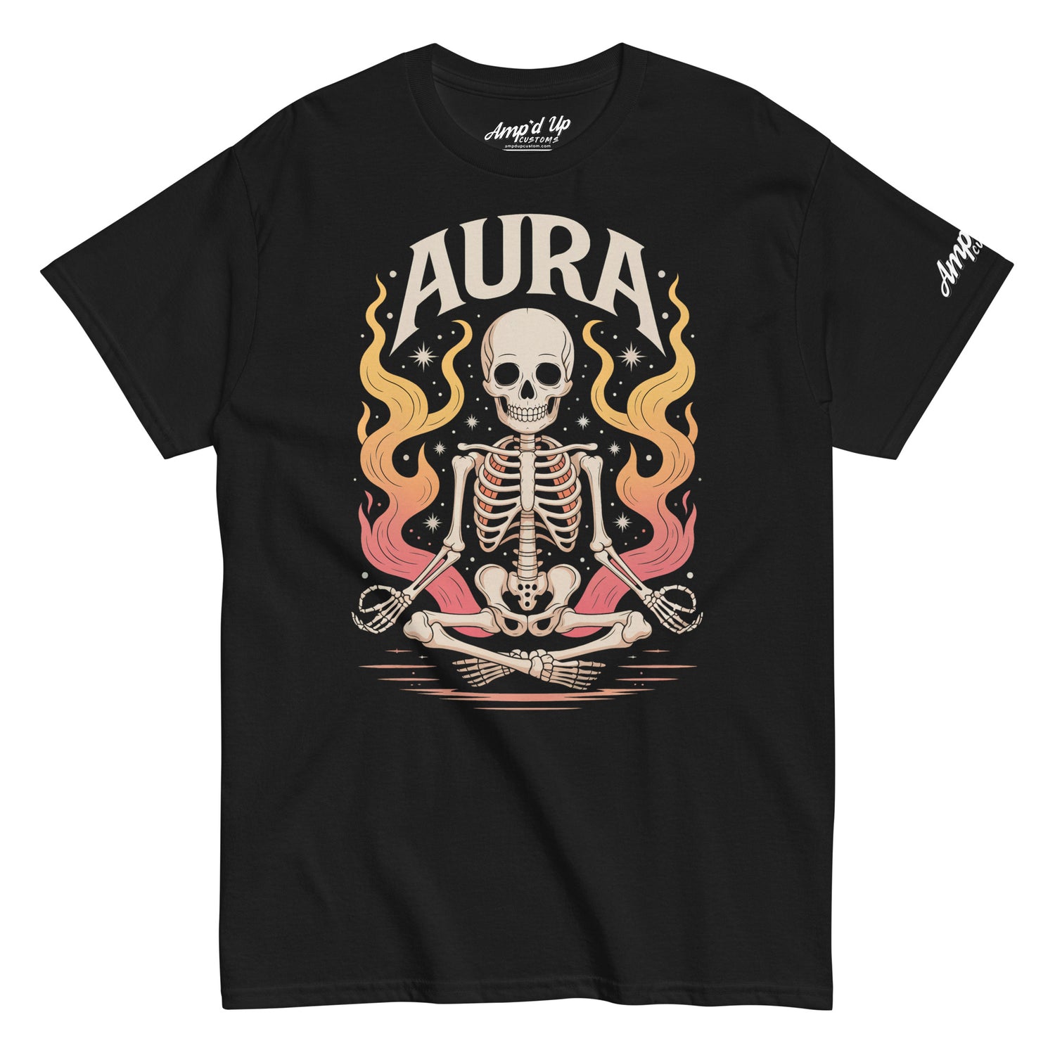 Amp'd Up Custom black AURA T-Shirt with meditating skeleton and colorful flames design