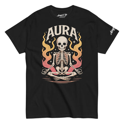 Amp'd Up Custom black AURA T-Shirt with meditating skeleton and colorful flames design
