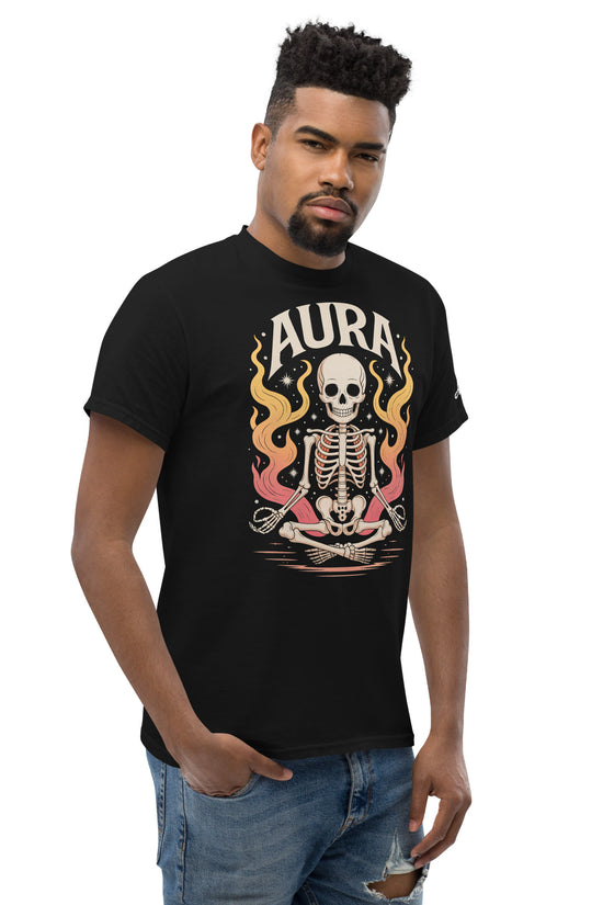 Amp'd Up Custom black AURA T-Shirt featuring a meditating skeleton graphic in flames