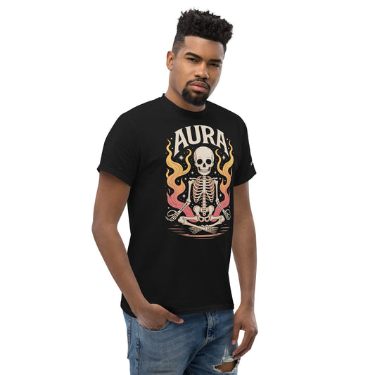 Amp'd Up Custom black AURA T-Shirt featuring a meditating skeleton graphic in flames