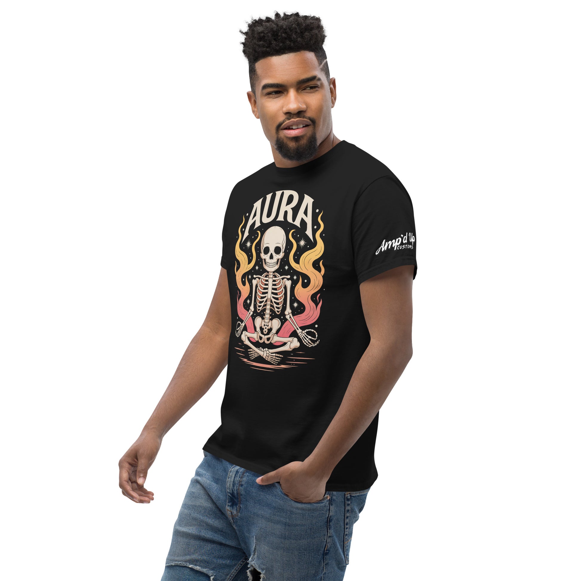 Man wearing black Amp'd Up Custom AURA T-Shirt with skeleton and flame graphic design