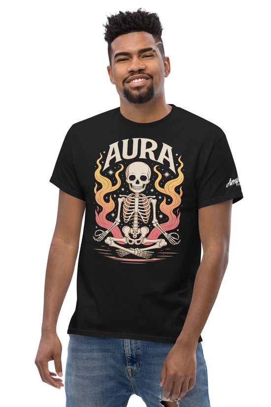 Amp'd Up Custom AURA T-Shirt black with meditating skeleton and flames graphic design