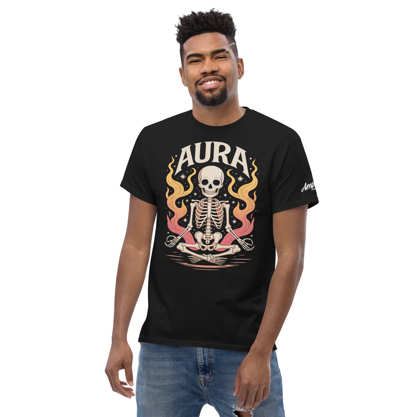 Amp'd Up Custom AURA T-Shirt black with meditating skeleton and flames graphic design