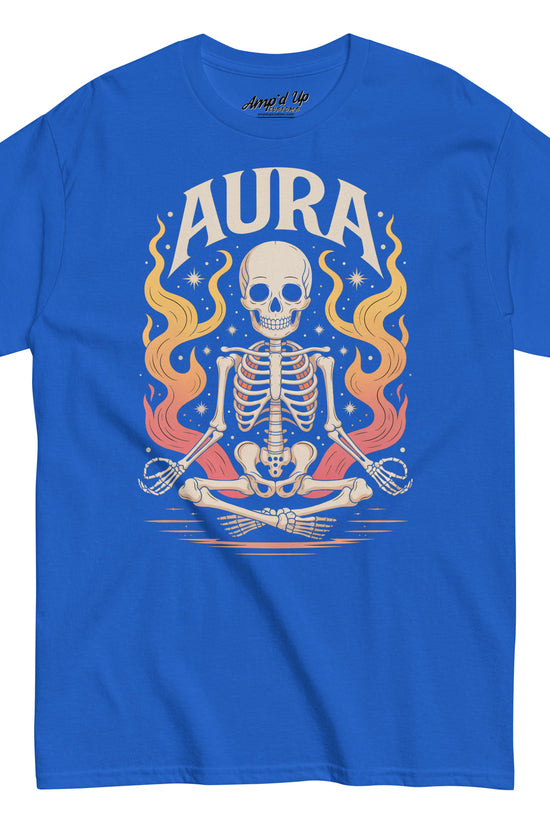 Amp'd Up Custom blue AURA T-Shirt with meditating skeleton and fiery aura graphic design