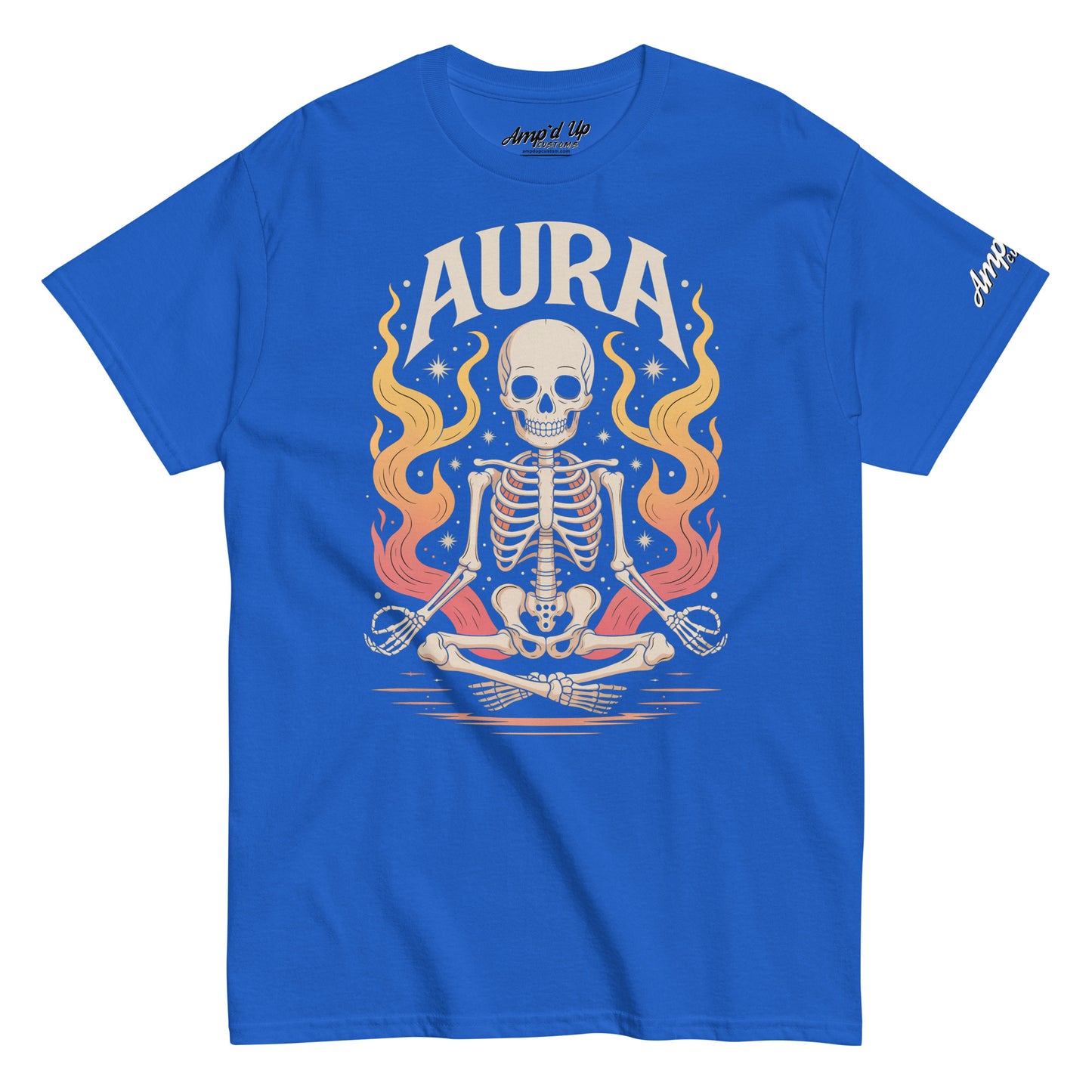 Amp'd Up Custom blue AURA T-Shirt with meditating skeleton and fiery aura graphic design
