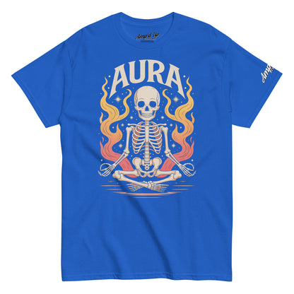 Amp'd Up Custom blue AURA T-Shirt with meditating skeleton and fiery aura graphic design