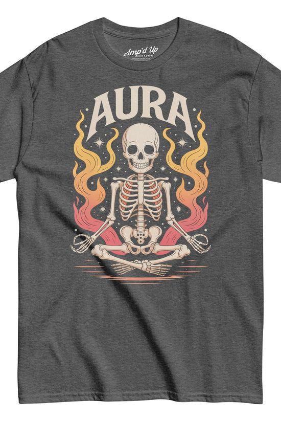 Amp'd Up Custom AURA T-Shirt featuring skeleton meditating with colorful flames on charcoal gray