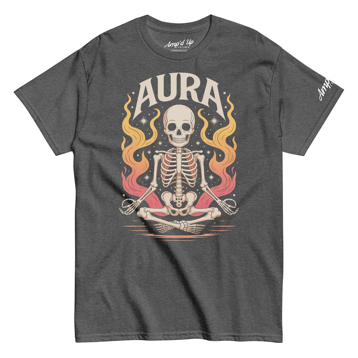Amp'd Up Custom AURA T-Shirt featuring skeleton meditating with colorful flames on charcoal gray