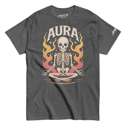 Amp'd Up Custom AURA T-Shirt featuring skeleton meditating with colorful flames on charcoal gray