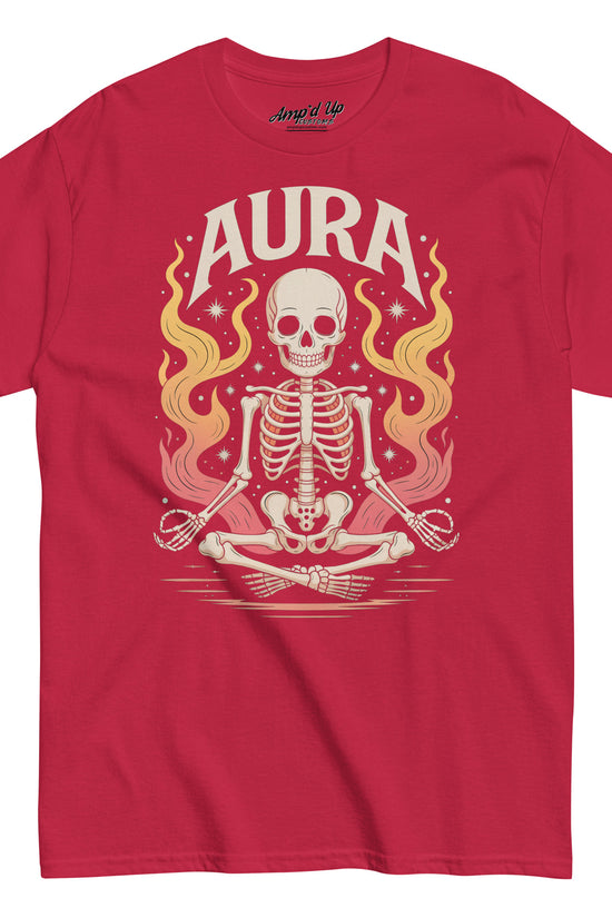 Red AURA T-Shirt by Amp'd Up Custom featuring a meditating skeleton with glowing aura flames