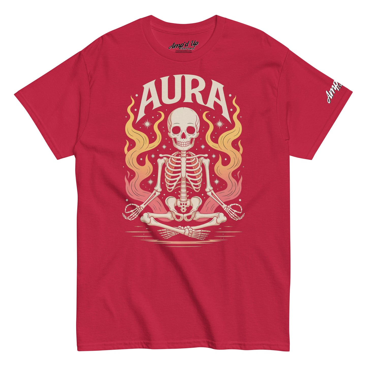 Red AURA T-Shirt by Amp'd Up Custom featuring a meditating skeleton with glowing aura flames