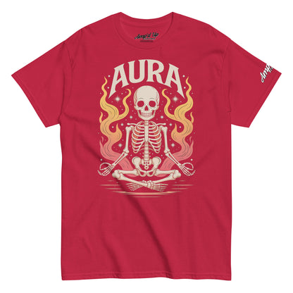 Red AURA T-Shirt by Amp'd Up Custom featuring a meditating skeleton with glowing aura flames