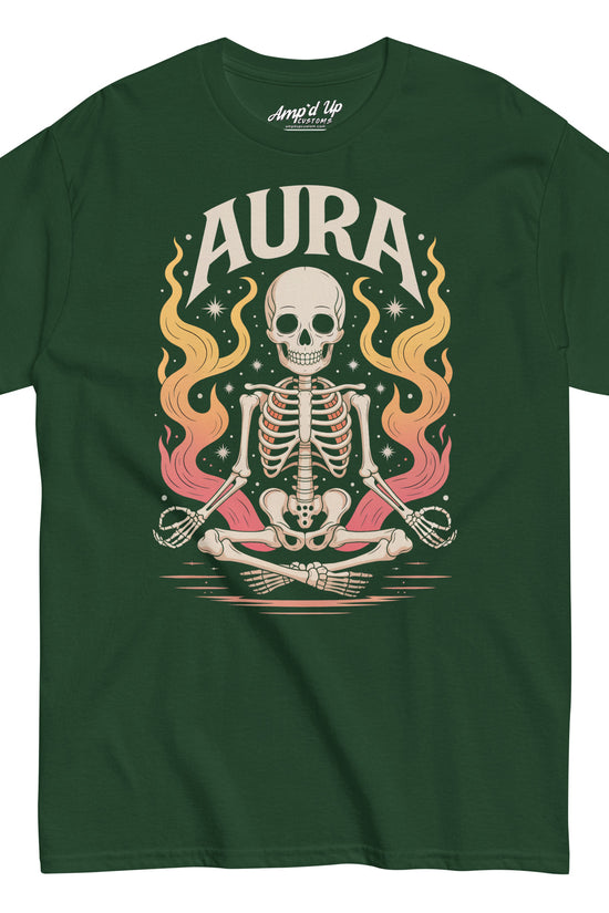 Amp'd Up Custom green AURA T-Shirt featuring a meditating skeleton with colorful flames design