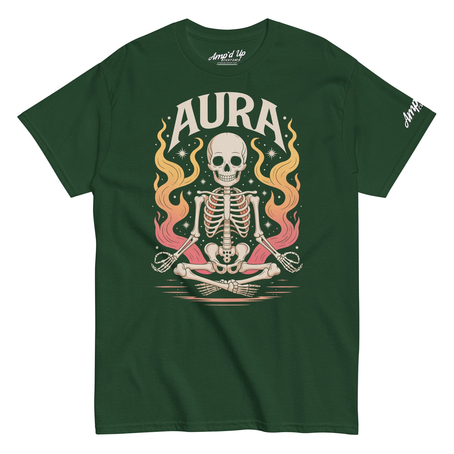 Amp'd Up Custom green AURA T-Shirt featuring a meditating skeleton with colorful flames design