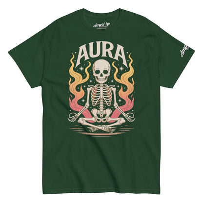 Amp'd Up Custom green AURA T-Shirt featuring a meditating skeleton with colorful flames design