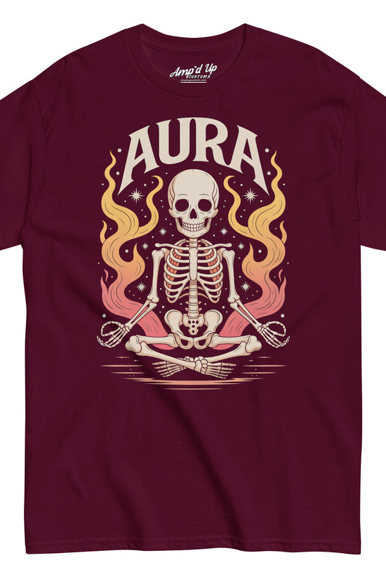 Amp'd Up Custom AURA T-Shirt in maroon with meditating skeleton and flame graphic design