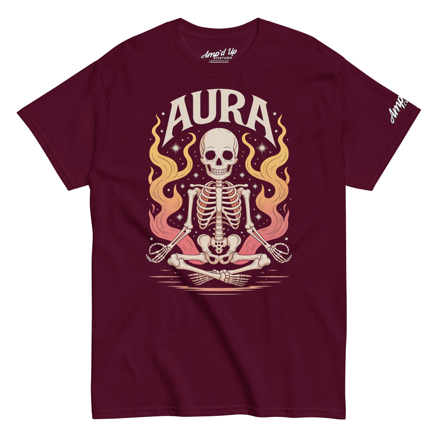 Amp'd Up Custom AURA T-Shirt in maroon with meditating skeleton and flame graphic design