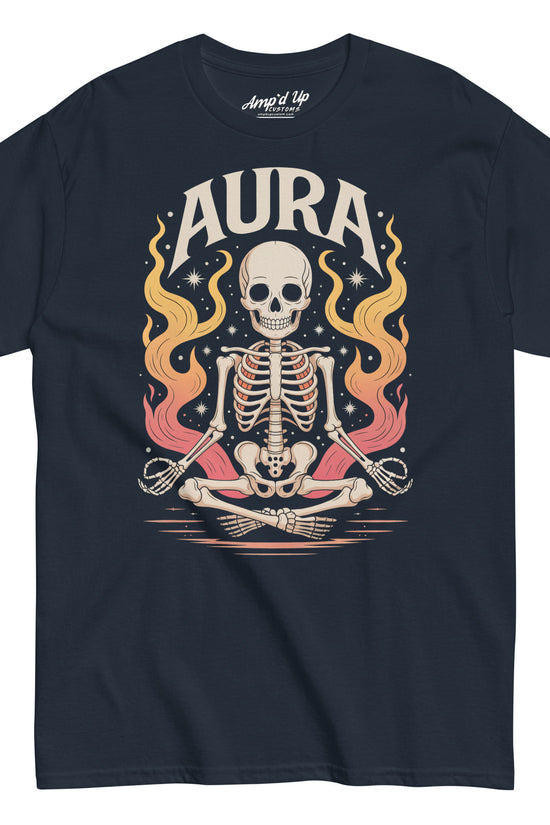 Amp'd Up Custom black AURA T-Shirt with meditating skeleton and colorful flames graphic