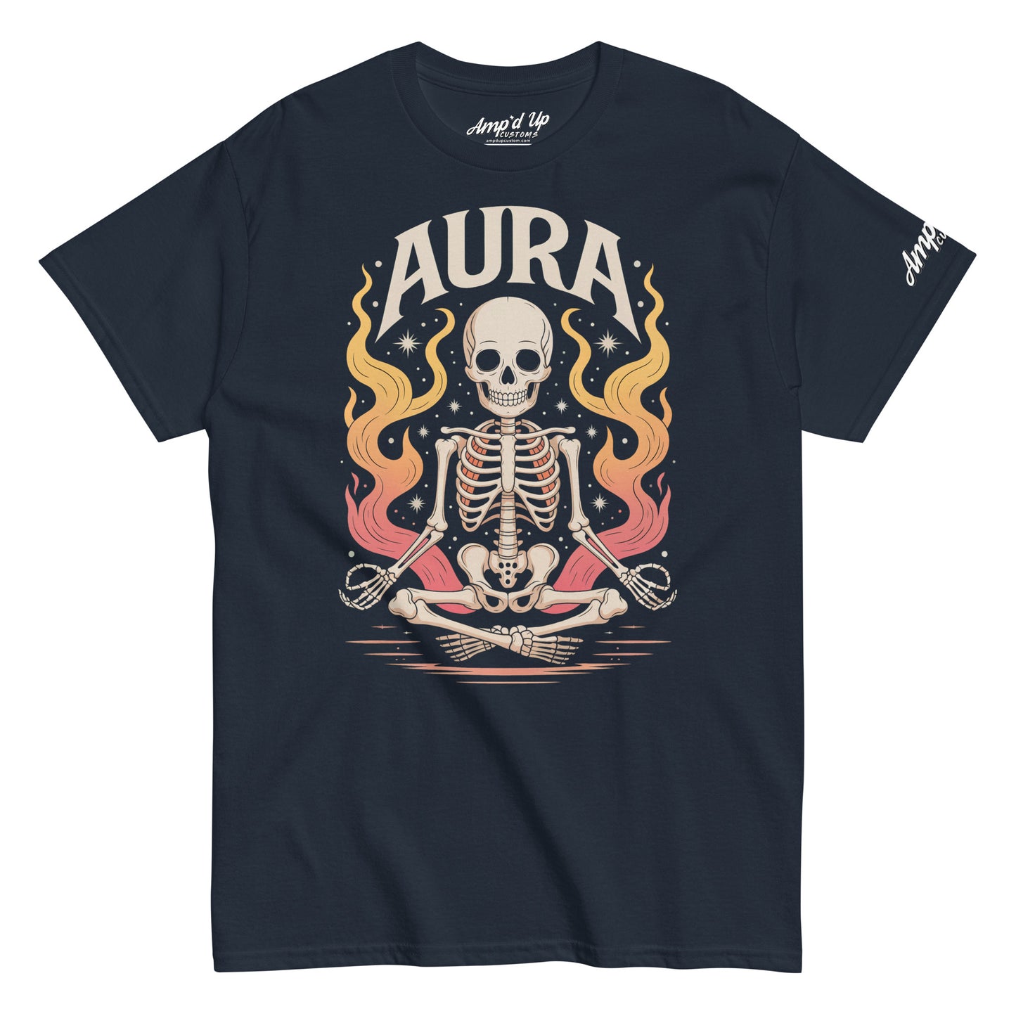 Amp'd Up Custom black AURA T-Shirt with meditating skeleton and colorful flames graphic