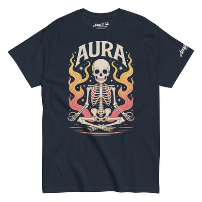 Amp'd Up Custom black AURA T-Shirt with meditating skeleton and colorful flames graphic