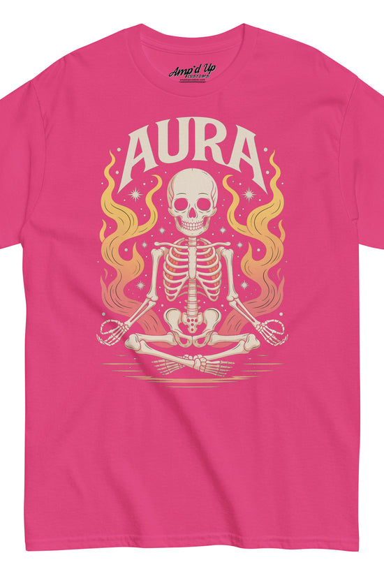 Pink AURA T-Shirt by Amp'd Up Custom featuring a meditating skeleton with flames design