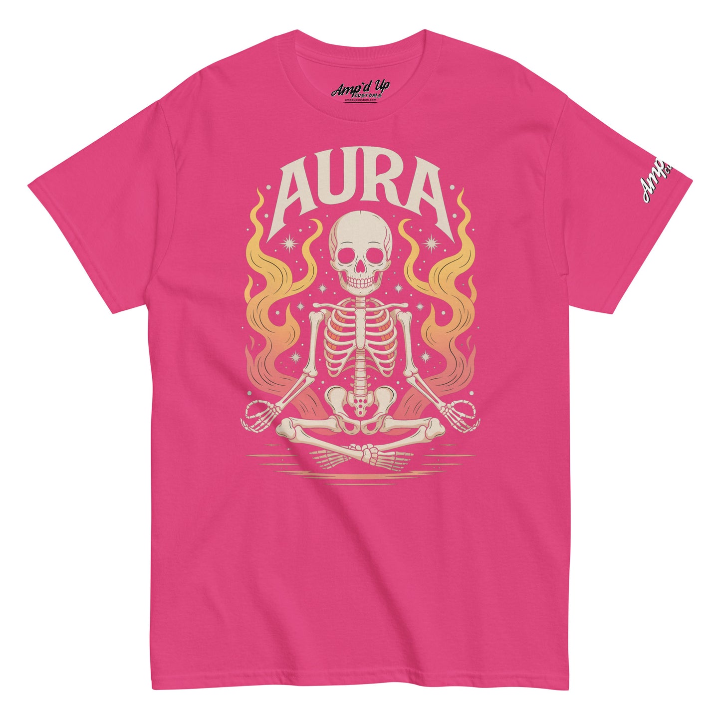 Pink AURA T-Shirt by Amp'd Up Custom featuring a meditating skeleton with flames design