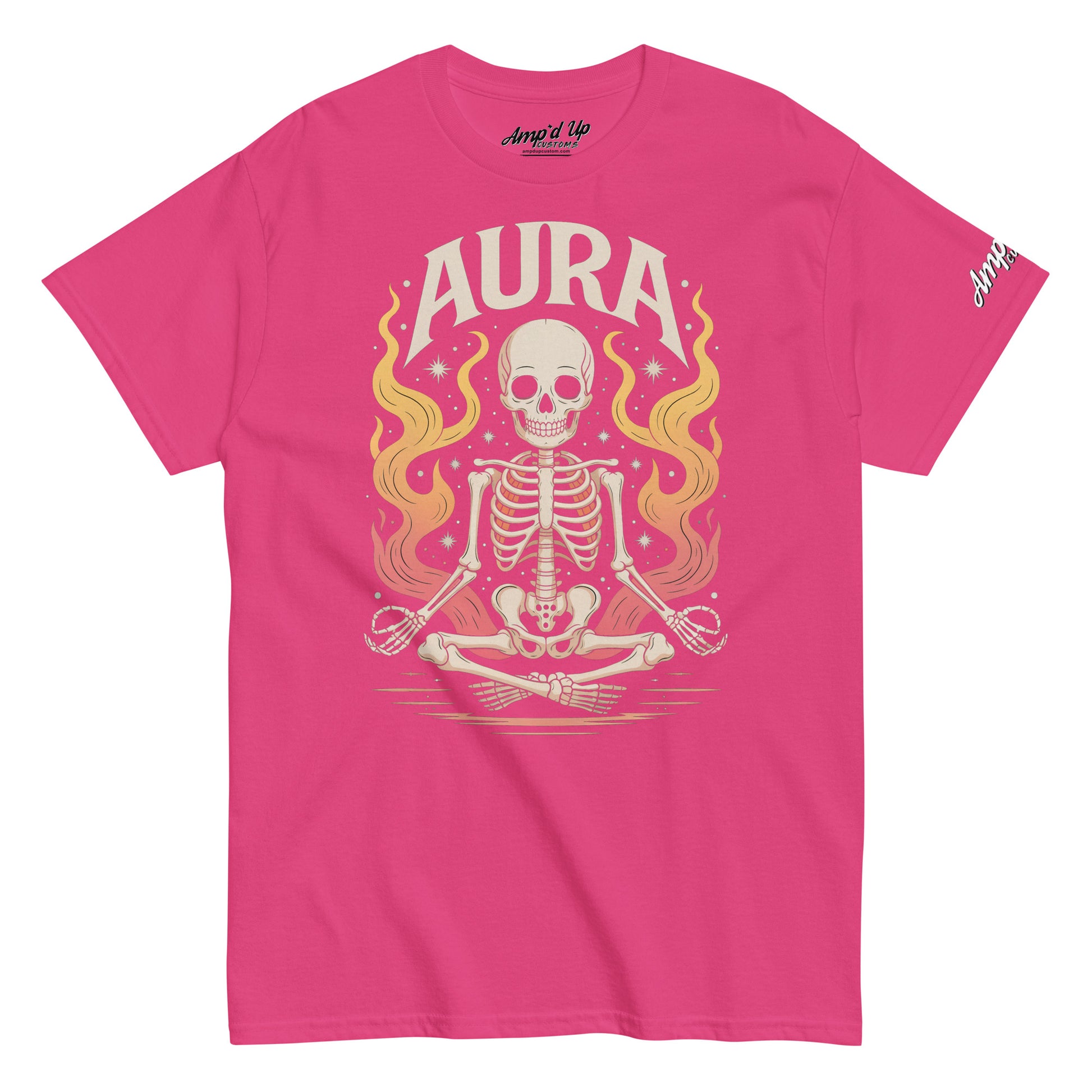 Pink AURA T-Shirt by Amp'd Up Custom featuring a meditating skeleton with flames design