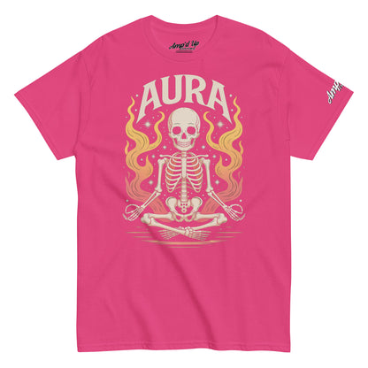 Pink AURA T-Shirt by Amp'd Up Custom featuring a meditating skeleton with flames design