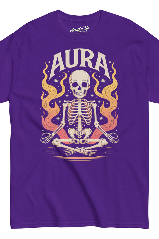 Purple Amp'd Up Custom AURA T-Shirt with meditating skeleton and flame graphic design