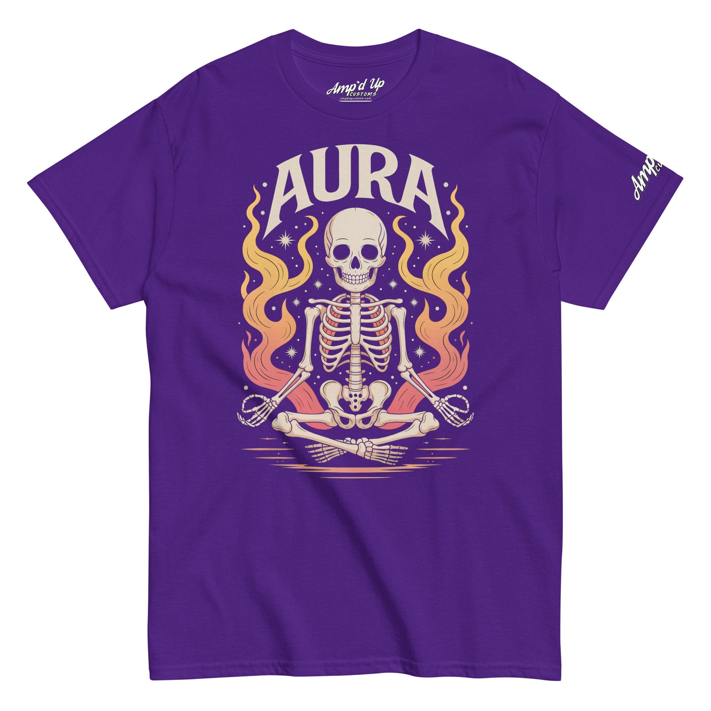 Purple Amp'd Up Custom AURA T-Shirt with meditating skeleton and flame graphic design