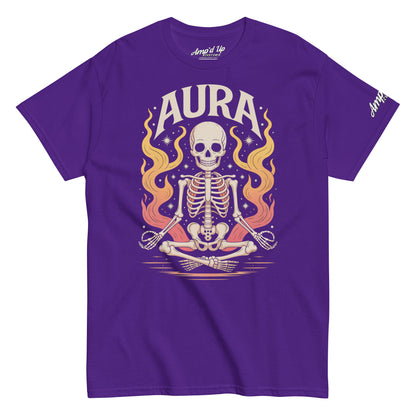 Purple Amp'd Up Custom AURA T-Shirt with meditating skeleton and flame graphic design