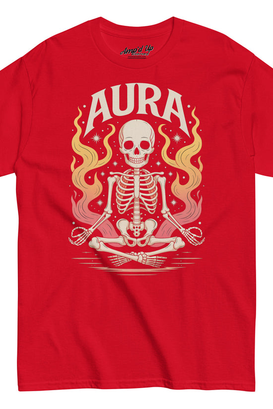 Red AURA T-Shirt by Amp'd Up Custom featuring a meditating skeleton with flames and stars graphic