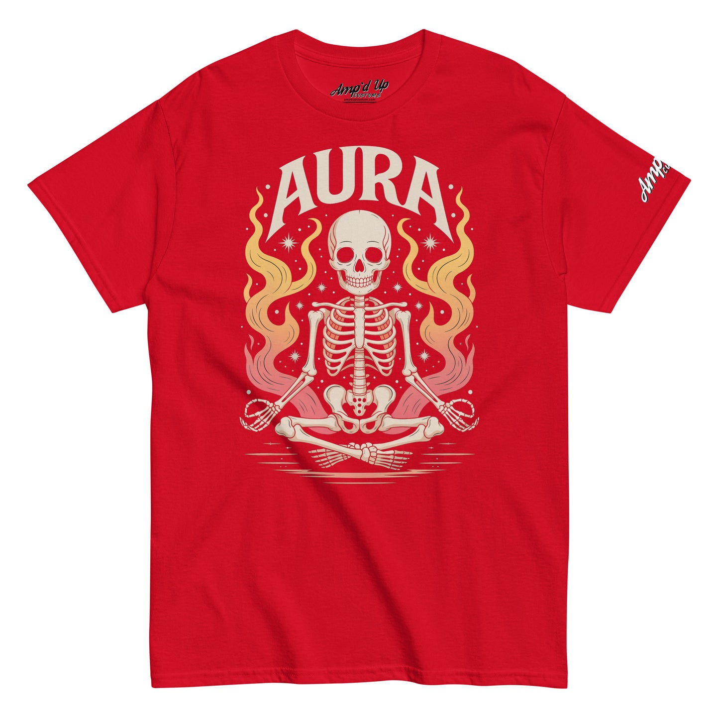 Red AURA T-Shirt by Amp'd Up Custom featuring a meditating skeleton with flames and stars graphic