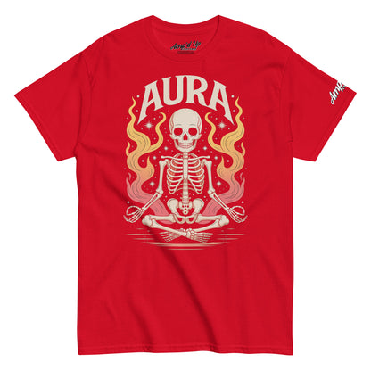 Red AURA T-Shirt by Amp'd Up Custom featuring a meditating skeleton with flames and stars graphic