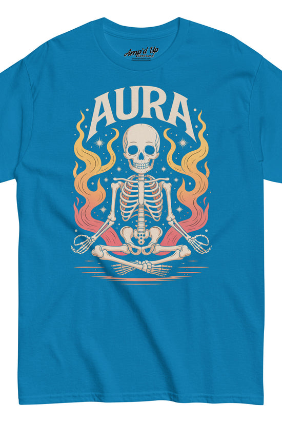 Amp'd Up Custom AURA T-Shirt with meditating skeleton and colorful flame design on blue fabric