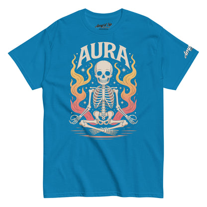 Amp'd Up Custom AURA T-Shirt with meditating skeleton and colorful flame design on blue fabric