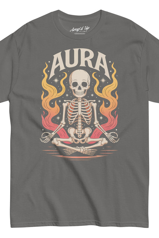 Gray Amp'd Up Custom AURA T-Shirt featuring a meditating skeleton with fiery aura design
