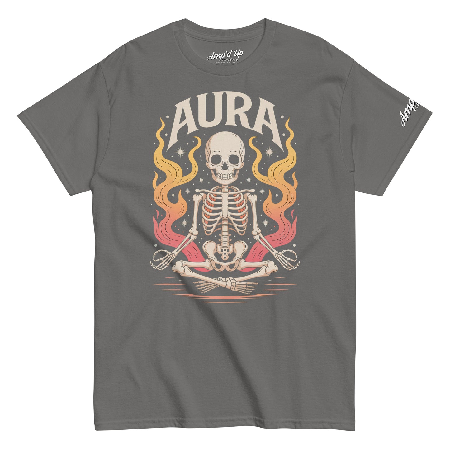 Gray Amp'd Up Custom AURA T-Shirt featuring a meditating skeleton with fiery aura design