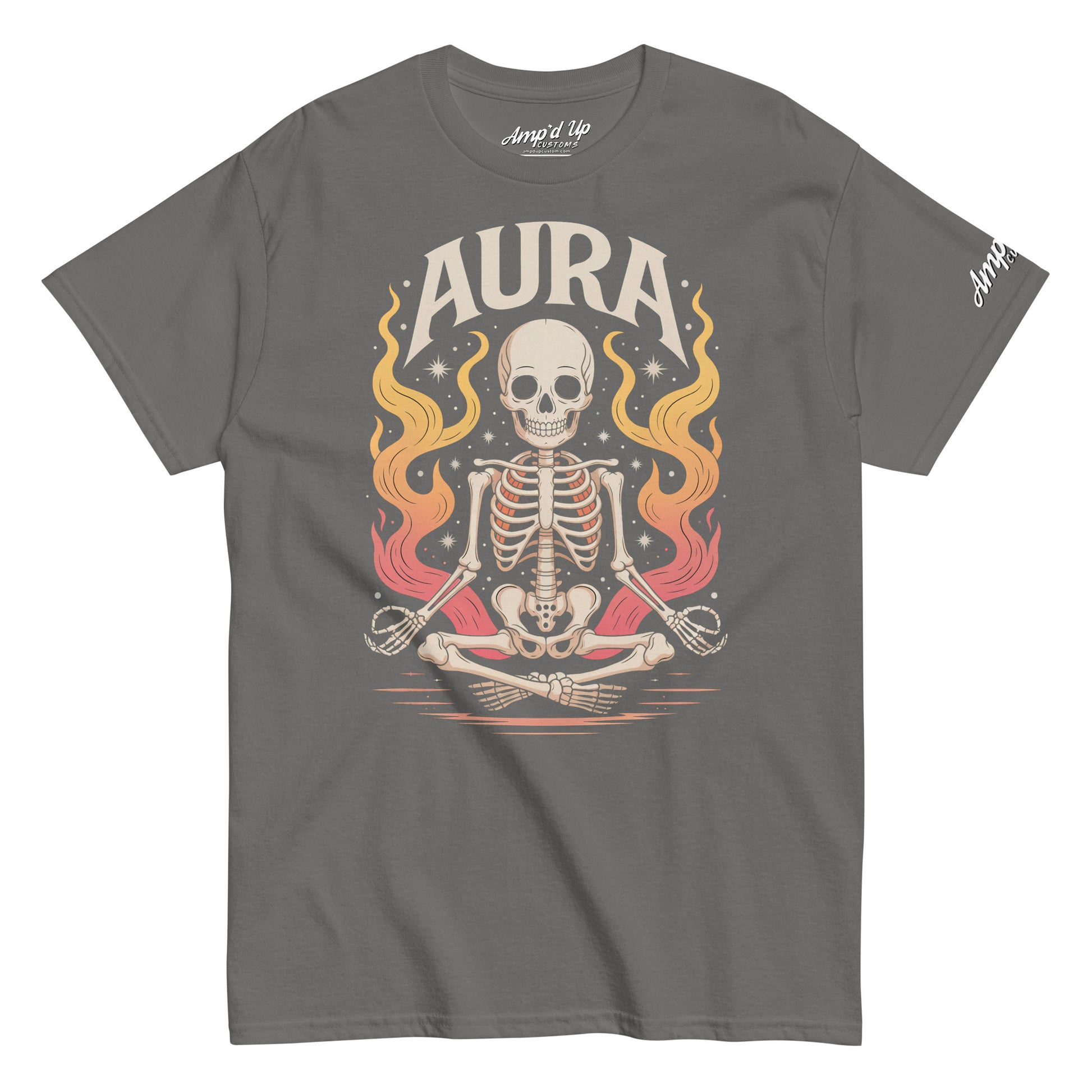 Gray Amp'd Up Custom AURA T-Shirt featuring a meditating skeleton with fiery aura design