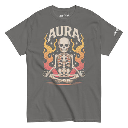 Gray Amp'd Up Custom AURA T-Shirt featuring a meditating skeleton with fiery aura design