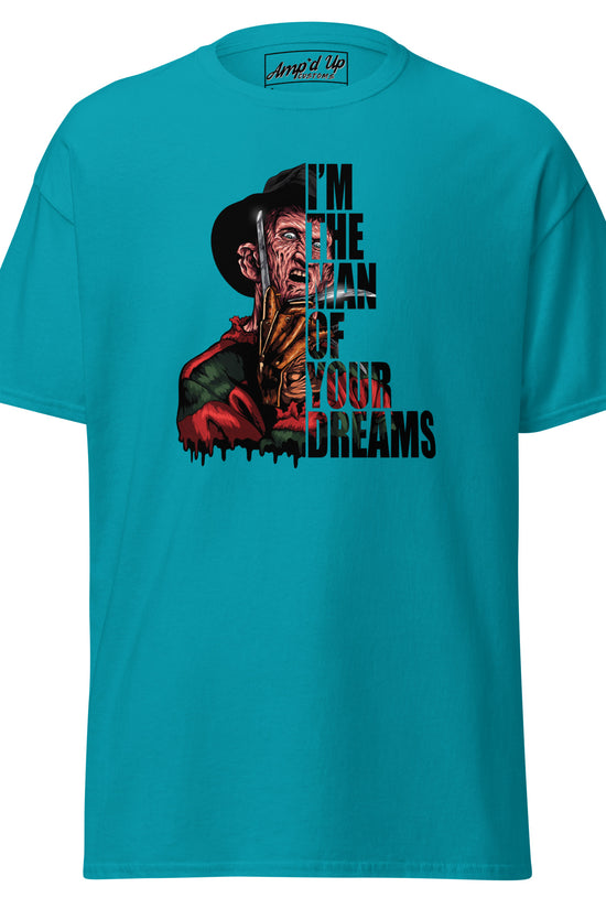 Blue Amp'd Up Custom I'm The Man Of Your Dreams Freddy Krueger T-Shirt with horror graphic print