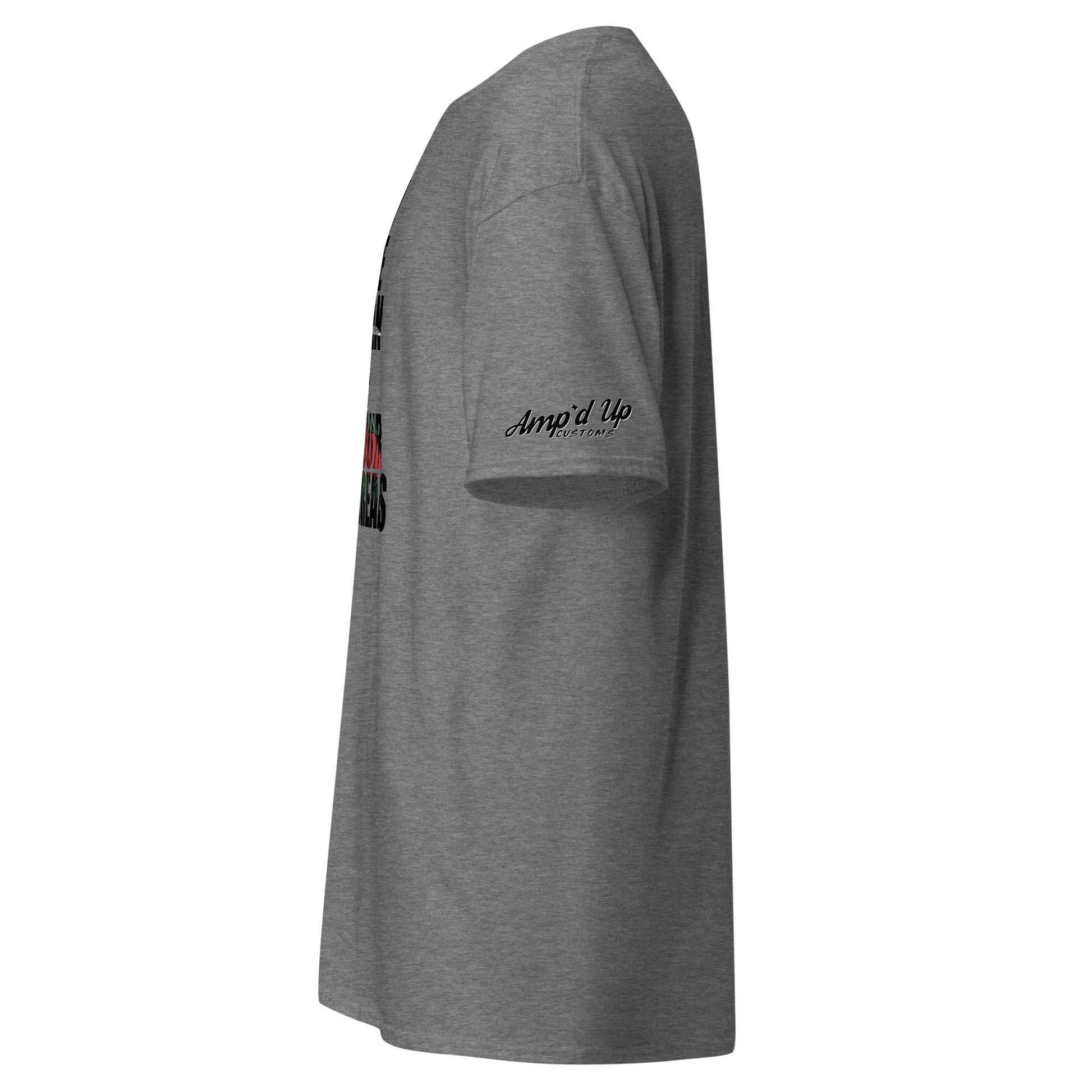 Gray Amp'd Up Custom I'm The Man Of Your Dreams Freddy Krueger T-Shirt side view with sleeve logo
