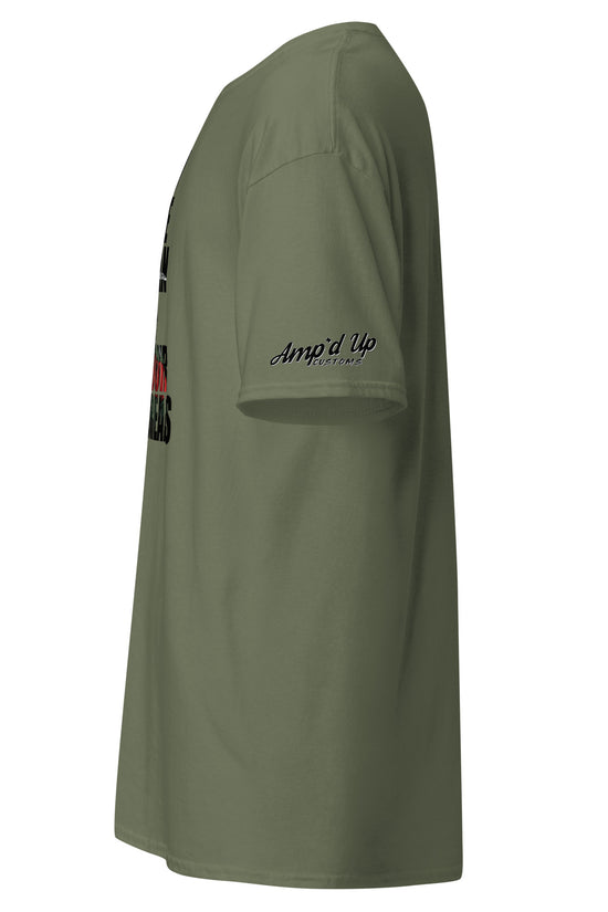 Side view of Amp'd Up Custom olive green I'm The Man Of Your Dreams Freddy Krueger T-Shirt with logo on sleeve