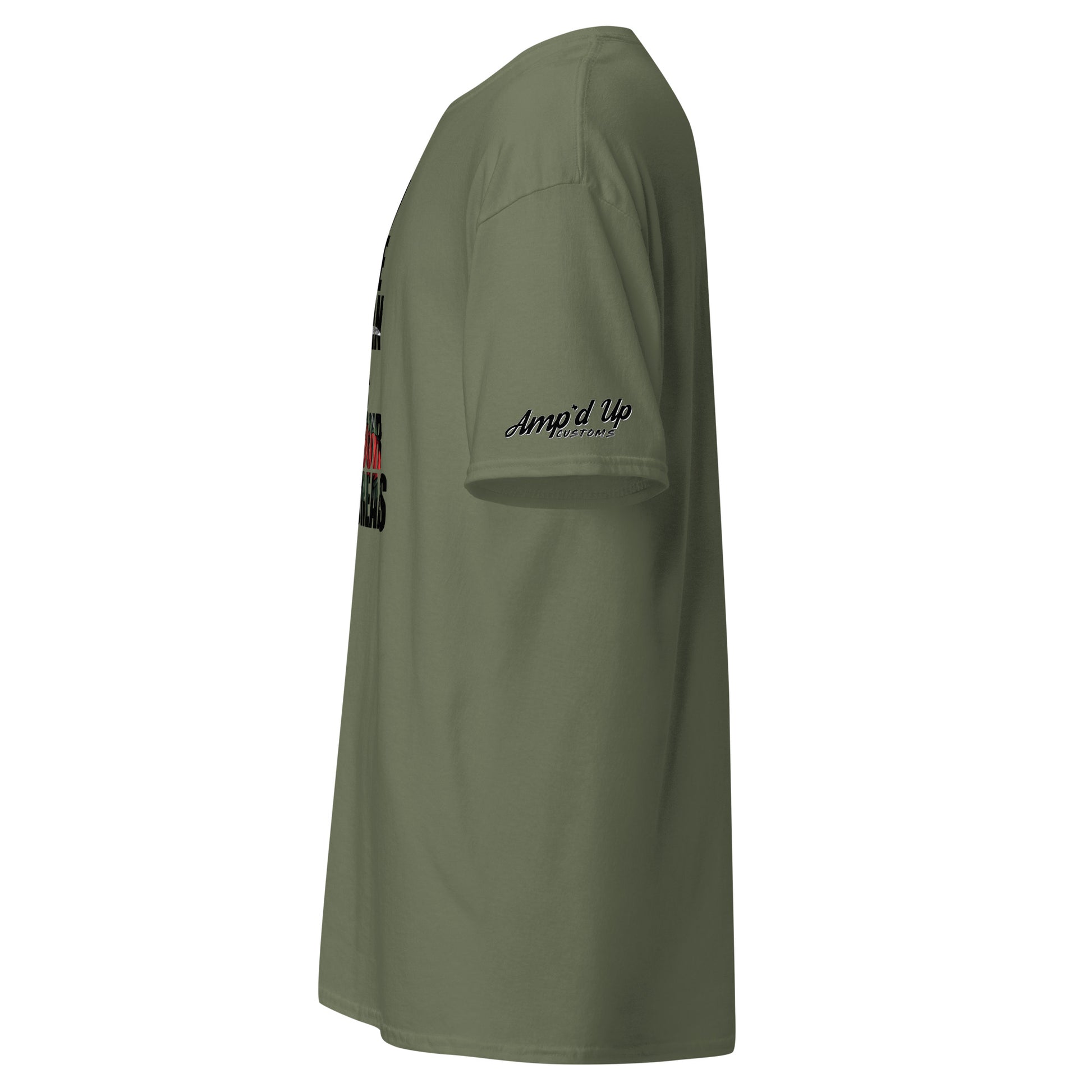 Side view of Amp'd Up Custom olive green I'm The Man Of Your Dreams Freddy Krueger T-Shirt with logo on sleeve