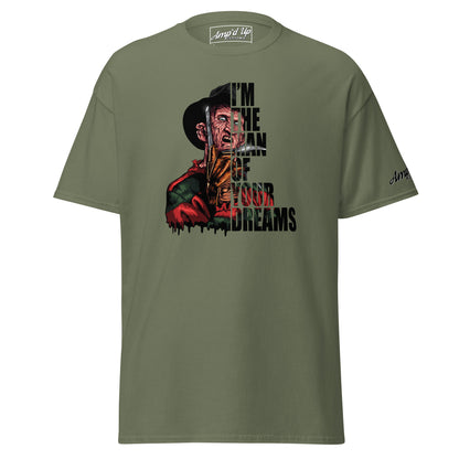 I'm The Man Of Your Dreams Freddy Krueger T-Shirt in olive green with horror graphic design