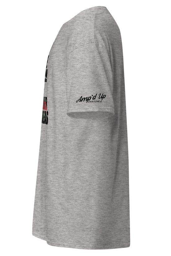 Side view of gray Amp'd Up Custom I'm The Man Of Your Dreams Freddy Krueger T-Shirt with sleeve logo